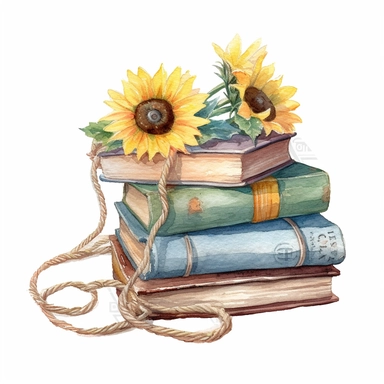watercolor clipart of beautiful pastel old pile of books wrapped wiith cords and sunflowers ornament, vintage style