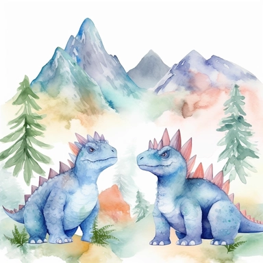 friendly, fluffy watercolor dinosaurs clipart, pastel colors, in the mountains, forest, separated, seamless, transparent background--AR 3:2