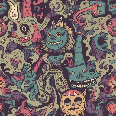 Comical Occult Creatures: Design a pattern that showcases the lighter side of satanic creatures and symbols using a humorous clipart style. Focus on capturing the amusing characteristics of characters like Baphomet wearing a party hat, a skateboarding demon, or a vampire sipping a cocktail. Employ a diverse range of colors, from dark, moody shades to vibrant, eye-catching hues, to create a visually captivating and entertaining composition.