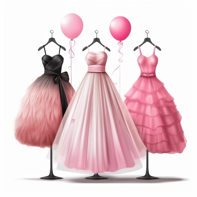 2d illustration of 4 prom dresses, fashion illustration, clipart, illustration, spaghetti strap dress with ball gown petticoat, pink tulle, on mannequin, white background, 360dpi, chaos 90