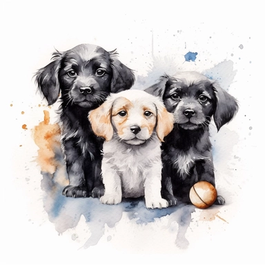 Watercolor puppies playing, with ball of wool Clipart - cute dogs , Colour of blacka and silver, white background, vector art, high definition, clip art, ar 2:2