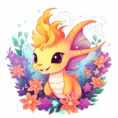 vector art of kawaii dragon breathing fire cute with flourishes of flowers clip art with white background