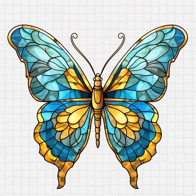 butterfly png design on transparent background, hd png download, in the style of stained glass effects, dark aquamarine and yellow, mural painting, wlop, gold and blue, mosaic-inspired realism, unique and one-of-a-kind pieces ,Stained Glass Butterflie Clipart, white background