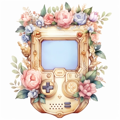Watercolour rose gold and pastel detailed 3d Handheld gaming console, surrounded by beautiful roses and Swarovski crystals and diamonds, svg clipart style, solid white background, clipart element, clipart style highly detailed beautiful