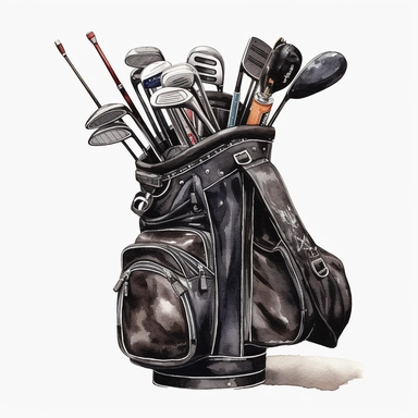 Idyllic watercolor clipart of a black golf bag and 8 TaylorMade golf clubs, isolated on a pure white background, insane detail,