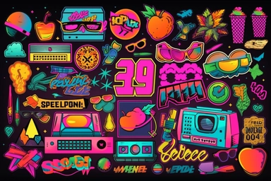 Retro 80s 90s clipart set. Neon colors y2k fashion patch, badge, emblem, stickers.