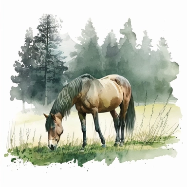 horse eating grass on a field, on the background there is a forest, watercolour, clipart