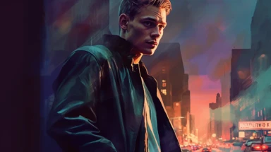 beautiful stunning pretty vintage bladerunner young man, paint art style, clipart, city landscape background, superrealistic, one of a kind