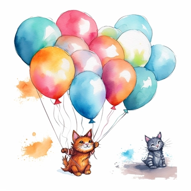 flying cat tied to a balloon clipart, balloons lined up side by side clipart , party balloons clipart, birthday party centerpiece, watercolor clipart