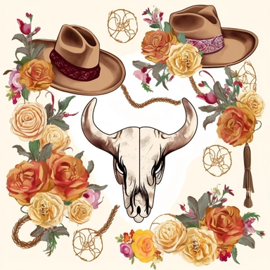 clipart, vector, country western, boots, cowgirl hats, lasso’s, bull skulls, include flowers on each element, separate each element so they can be incorporated into other designs, white background