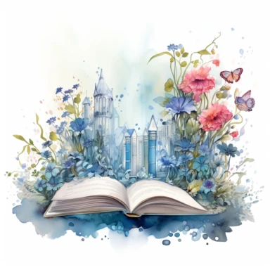 fantasy scene coming out of an open book, secret garden, florals, magical, watercolors, Clipart, pastel blue color theme