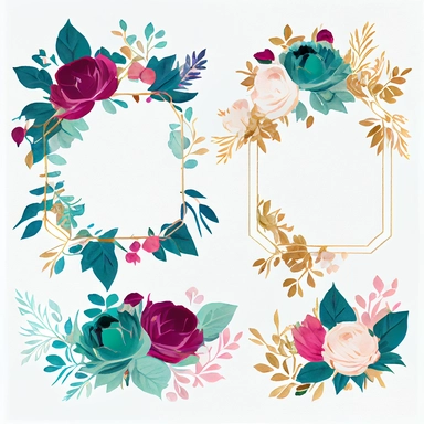 watercolor outlined floral frame variations with roses peonies leaves and berries vector 2d flat, fuchsia, teal, white and gold colors, clipart