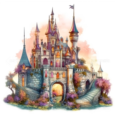 fantasy castle illustration, detailed, vivid color, fairy tale, feminine, girly, fantasy, dreamy, single castle, clipart, illustration white background