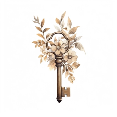 hand drawn , watercolor, hyper realistic, white background, white margins, 16k, ultra detailed clipart, cut out image, hand-drawn, ultra HD, sharp and clean art a vintage key with delicate floral , capturing the romantic and feminine aesthetics often associated with vintage fashion and travel. earthy brown pastel and light pink pastel