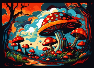 Expressionist Landscape Painting: magic mushrooms, Vibrant Colors, Intense Emotions, Fauvism, art deco,, red fly agaric mushroom, chanterelles, pop art deco nouveau, flat 2d vector design, illuminati priestess, clipart, detailed trace