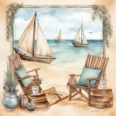 Beach Reading Nook clipart, Coastal Reading Corner, Beach Boho, watercolour style, sailboats in the background