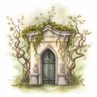 a new orleans style mausoleum, creepy vines around, watercolour pencil style, magical, kids art, isolated on a white background, PNG file clipart style, Dennis Wojtkiewicz, Amanda Clark, Lowell Herrero,