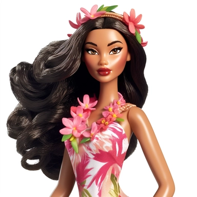 Beautiful pretty barbie doll hawaiian style, dark hair, paint art style, detail, clipart, white background, superrealistic, one of a kind