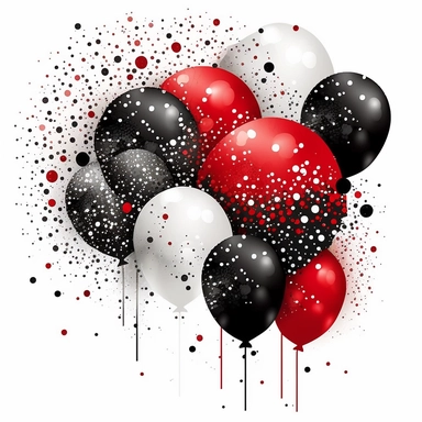 Red, Black and White Balloons Clipart, glitter and confetti party clipart for birthdays, white background, no shadows