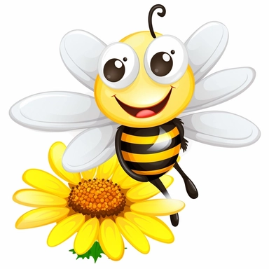 cartoon type of happy bee on a daisy flower clipart white background