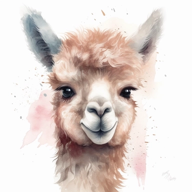 Close-up of a cute baby alpaca in watercolor, rendered in soft pastel colors on a white background. Clipart. The alpaca has an innocent and cheerful expression on its face. Its fluffy fur is painted with gentle strokes of the brush to give it a soft and warm appearance. Its large, round eyes and tiny ears give it a heart-melting look. The background is plain white to highlight the baby alpaca.