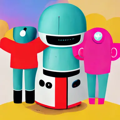 a virtual world full of heartfelt robots that encourage each other, play games with each other, create beautiful clipart together in a pop art style