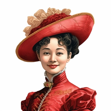 beautiful victorian american chinese lady, looking left, victorian hairstyle, victorian hat, Victorian era clothing, beatiful smile,illustration, realistic inverted portrait white background, high quality, detailed, Victorian Lady Clipart,red and gold colors