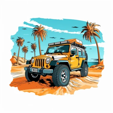 vector design, Jeep Wrangler on Beach, , Sublimation Clipart ,Cartoon,hyper realistic, intricate detail, illustration style,high solution,on the white background