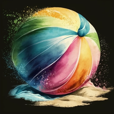Watercolor clipart on a black background of a beach ball, bouncing playfully in the summer breeze