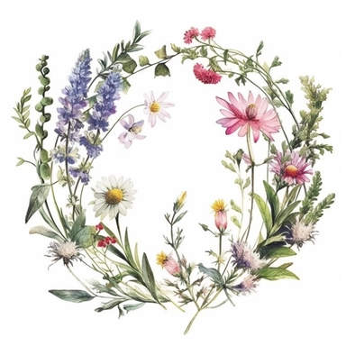 Watercolour illustration, wild flowers, wreath, floating , clipart, white background, pastel palette, washed out colour, pale colours, naturecore, bloomcore
