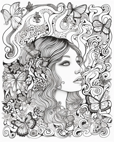 The coloring page features a girl surrounded by an array of psychedelic swirls and patterns, created using simple line art techniques. The girl is surrounded by a swarm of butterflies, adding an ethereal and dreamlike quality to the image. The design is filled with a variety of watercolor-related terminology, such as wash, blend, and color bleed, which give the image a sense of fluidity and movement. The colors used are bright and bold, with a range of pinks, purples, oranges, and yellows, that 