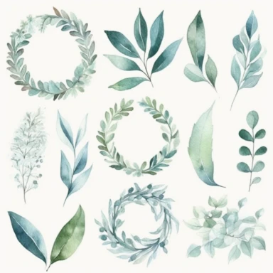 Watercolor leaf Clipart, Leaf Wreath, Leaf Laurel, Minimalist leaf, botanical leaves, Watercolor, Clipart, Separated design, 8k