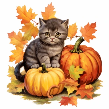 autumn themed scottish fold kittens, vintage clip art