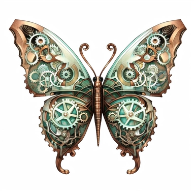 A delicate butterfly with wings detailed with intricate clockwork gears and cogs, with its colors echoing the shine of Chocolate Brown and Mint Green watercolour clipart, white background, no watermarks