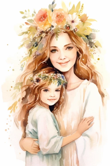 Easy cut out, dreamy watercolor smiling clipart mom and daughter 5 years old