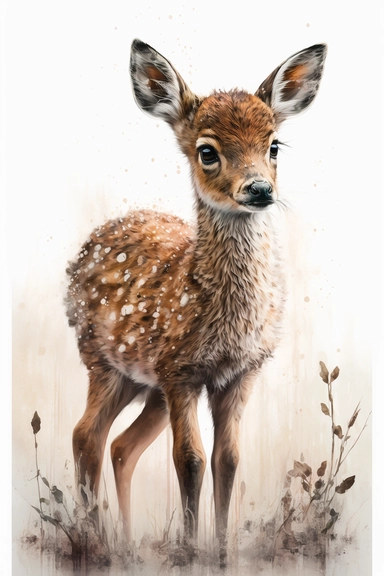 Woodland deer Clipart Watercolor, cute, lovely, happy, funny, friendly full body furry brown grey red baby deer, large emotive eyes, intense gaze, looking straight, large fluffy tail, blank background, no plants, no grass, nursery clipart