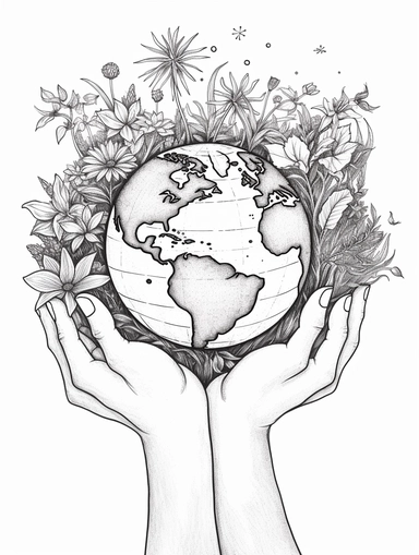Coloring pages, black and white, linework, clip art, white background. In a circle, a Seedling growing, stars, planet earth, flowers, all being held within a pair of hands.