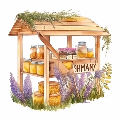 hand drawn honey stand, honey for sale, flowers and grass, shades of yellow and purple, very detailed, very realistic, watercolor, clipart style white background with margins