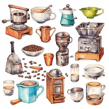 Coffee clip art, coffee beans makers takeaway drawings in watercolour stye and clip art style