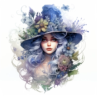 clipart white background: Paint a fantasy herbal witch with mesmerizing watercolor eyes and a spellbinding aura of steam and gears, with herb and natural ingredients