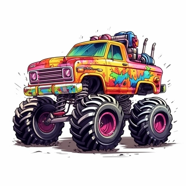 Cute Beautiful Retro 90s Color Monster Truck Sublimation Clipart,Cartoon, hyper realistic, intricate detail, illustration style,high solution,on the white background
