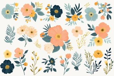 A delightful collection of flower bunches Clipart designs in a 3:2 aspect ratio, featuring beautifully illustrated bouquets of flowers in various colors and arrangements, each design meticulously crafted to capture the charm and elegance of floral abundance, perfect for adding a touch of nature's beauty to invitations, cards, posters, or any creative project that desires a vibrant and joyful aesthetic, Artwork, digital illustration,