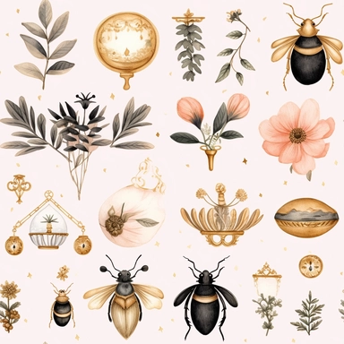 Draw a watercolor-style clip art images that feature objects related to an aesthetic adorned with floral designs. The images should have aesthetic, and should incorporate elements such as watercolor [gold] whimsical and cute illustration in watercolor of a White scarab with black ornaments on the body, in a Scandinavian folk art style with botanical and swirl motifs. light pink gold colors Traditional with a modern twist watercoloritem collection, isolated on a white background, gourmet, classy,