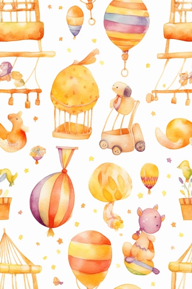 Watercolor clipart pattern of fun baby toys and accessories in vibrant hues of yellow, orange, and purple for designing a baby's room or creating party favors. (medium: digital illustration)(style: inspired by Beatrix Potter and Margaret Tarrant)(lighting: bright and cheerful with bold contrasts)(composition: repeating pattern of whimsical baby items like mobiles and rattles captured with a high-quality camera and wide-angle lens)