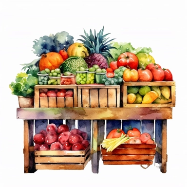 watercolor colorful clipart of a bountiful farmer's market, hd, on white background