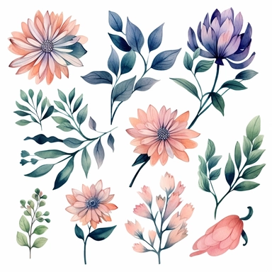 atercolor, handpainted floral clipart, transparent background, 6 elements evenly spaced out by 1 inches