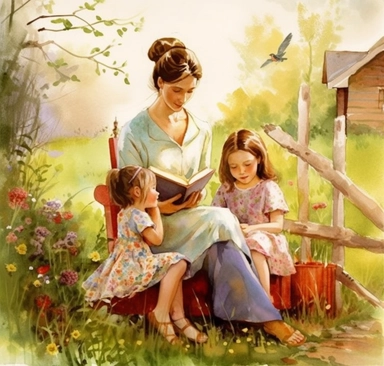 DESIGN A MAGNIFICENT AND EXQUISITE BREATHTAKING ONE-OF-A-KIND HIGH QUALITY HIGHLY DETAILED MASTERPIECE WATERCOLOR CLIPART ILLUSTRATION OF A STUNNING mother with daughters READING THEM A BOOK beautiful watercolor illustration, in the style of nikon pc-e micro nikkor 85mm f/2.8d, romanticized country life, mixes painting and ceramics, i can't believe how beautiful this is, brushstroke fields, light pink and brown, children's book illustrations, ULTRA REALISTIC, WHITE BACKGROUND