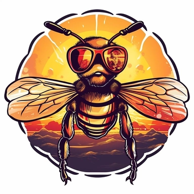 very detailed cutout design of a cartoonized bee wearing sunglasses, with retro summer sunset, full color, laid flat on white background, vector illustration, flat comic style by Jim Steranko, Sublimation Clipart ,Cartoon,hyper realistic, intricate detail, illustration style,high solution,on the white background