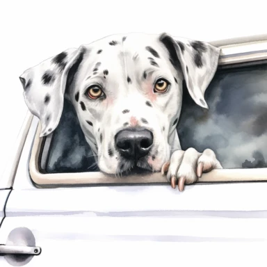 close up high detailed, Hand drawn watercolor clipart of Dalmatian looking outside a moving car window, on a pure white background for background removal, no shadow, no paint splash