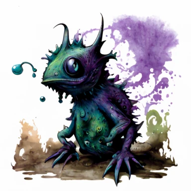 ink wash cute creature clipart on transparent background, rodney matthews style, no splash, black inky blue purple violet green, single sheet, 4k